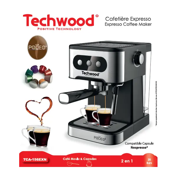CAFETIERE EXPRESSO & NESPRESSO 20 BARS TECHWOOD TCA156EXN TECHWOOD
